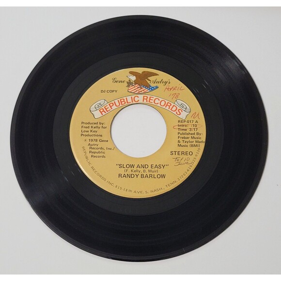 Randy Barlow Slow And Easy / Mono 45 RPM Republic Promo VG Country '78 - Picture 2 of 4